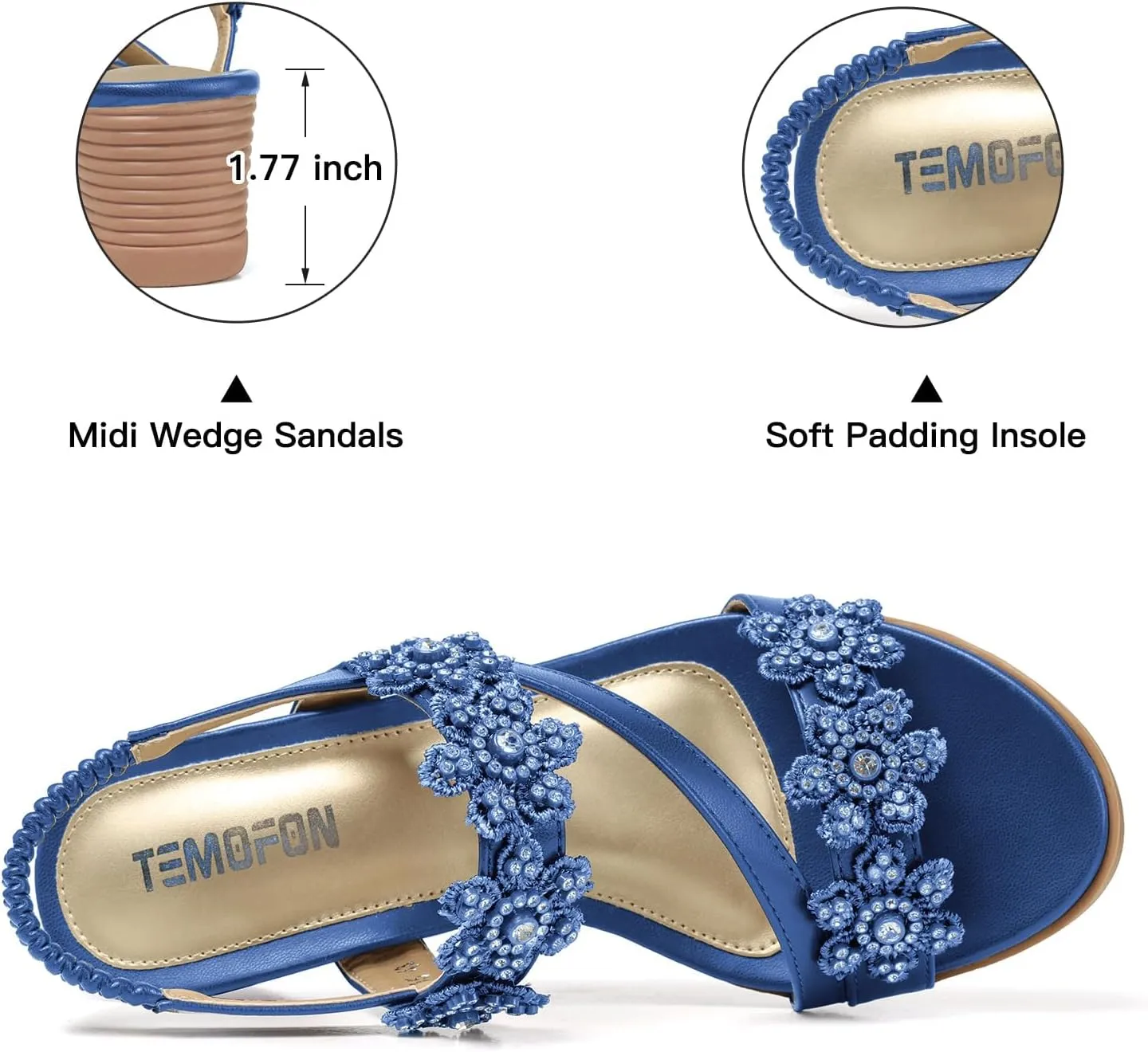 TEMOFON Wedge Sandals for Women Dressy: Summer Open Toe Elastic Ankle Strap - Comfortable Bohemian Low Wedge Sandals