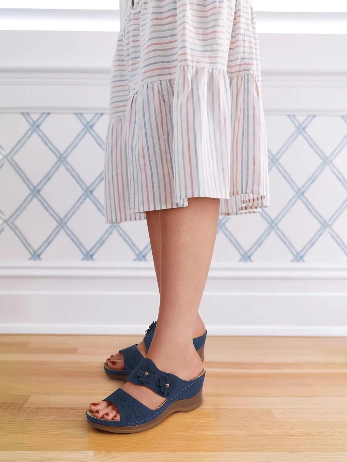 TEMOFON Wedge Sandals for Women Summer: Dressy Low Heel Sandals Black/Navy/White, Comfortable Walking, Arch support, Casual Slip on Summer Shoes, Size 5-11