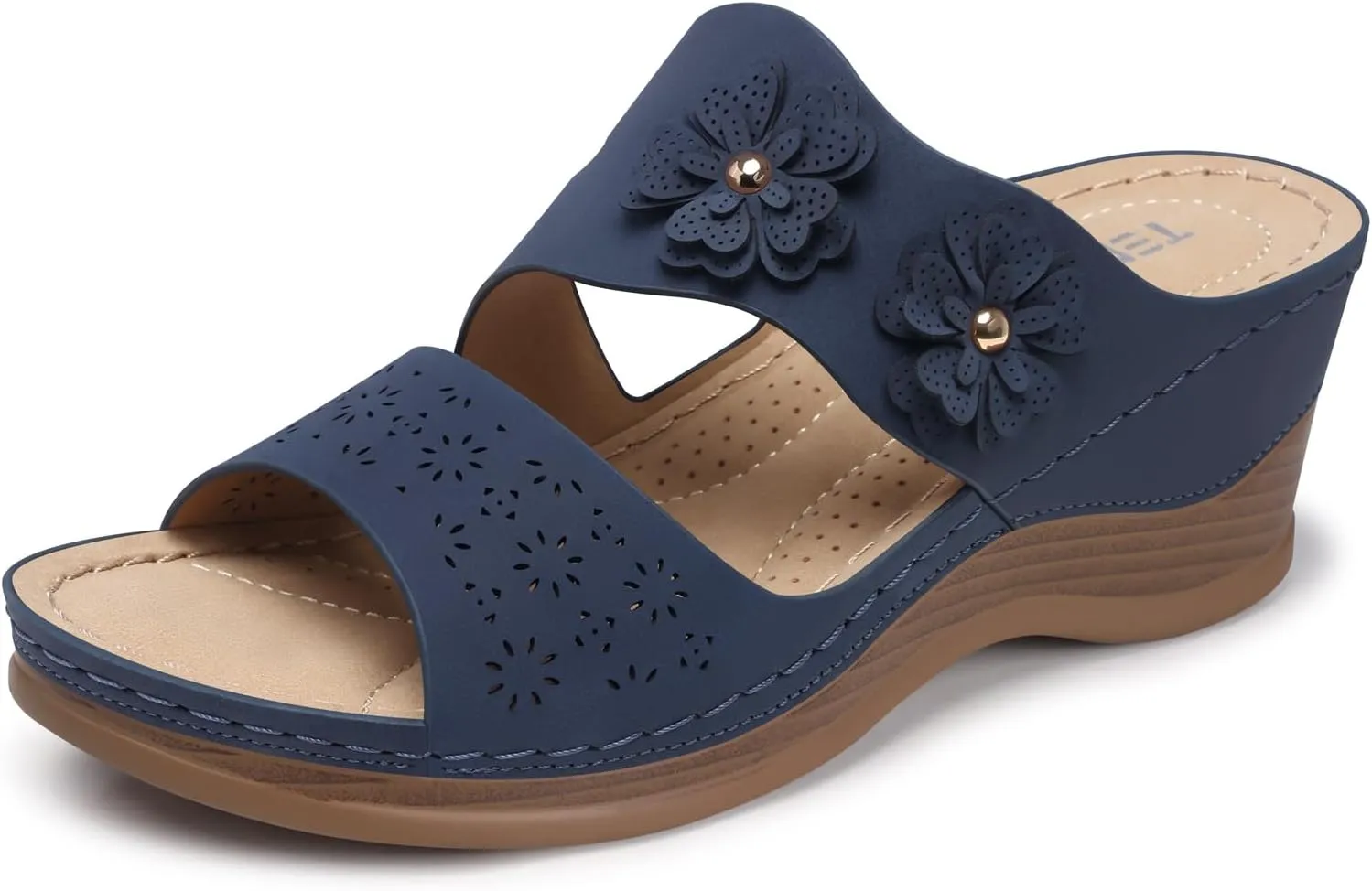 TEMOFON Wedge Sandals for Women Summer: Dressy Low Heel Sandals Black/Navy/White, Comfortable Walking, Arch support, Casual Slip on Summer Shoes, Size 5-11