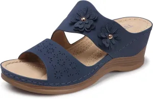 TEMOFON Wedge Sandals for Women Summer: Dressy Low Heel Sandals Black/Navy/White, Comfortable Walking, Arch support, Casual Slip on Summer Shoes, Size 5-11