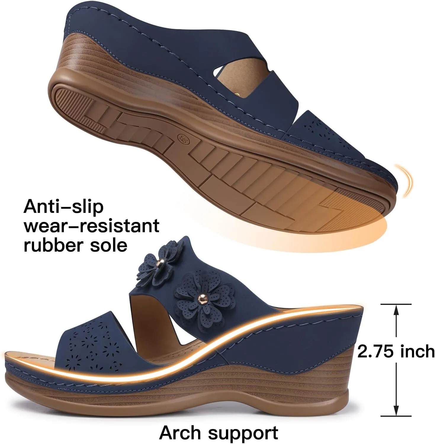 TEMOFON Wedge Sandals for Women Summer: Dressy Low Heel Sandals Black/Navy/White, Comfortable Walking, Arch support, Casual Slip on Summer Shoes, Size 5-11