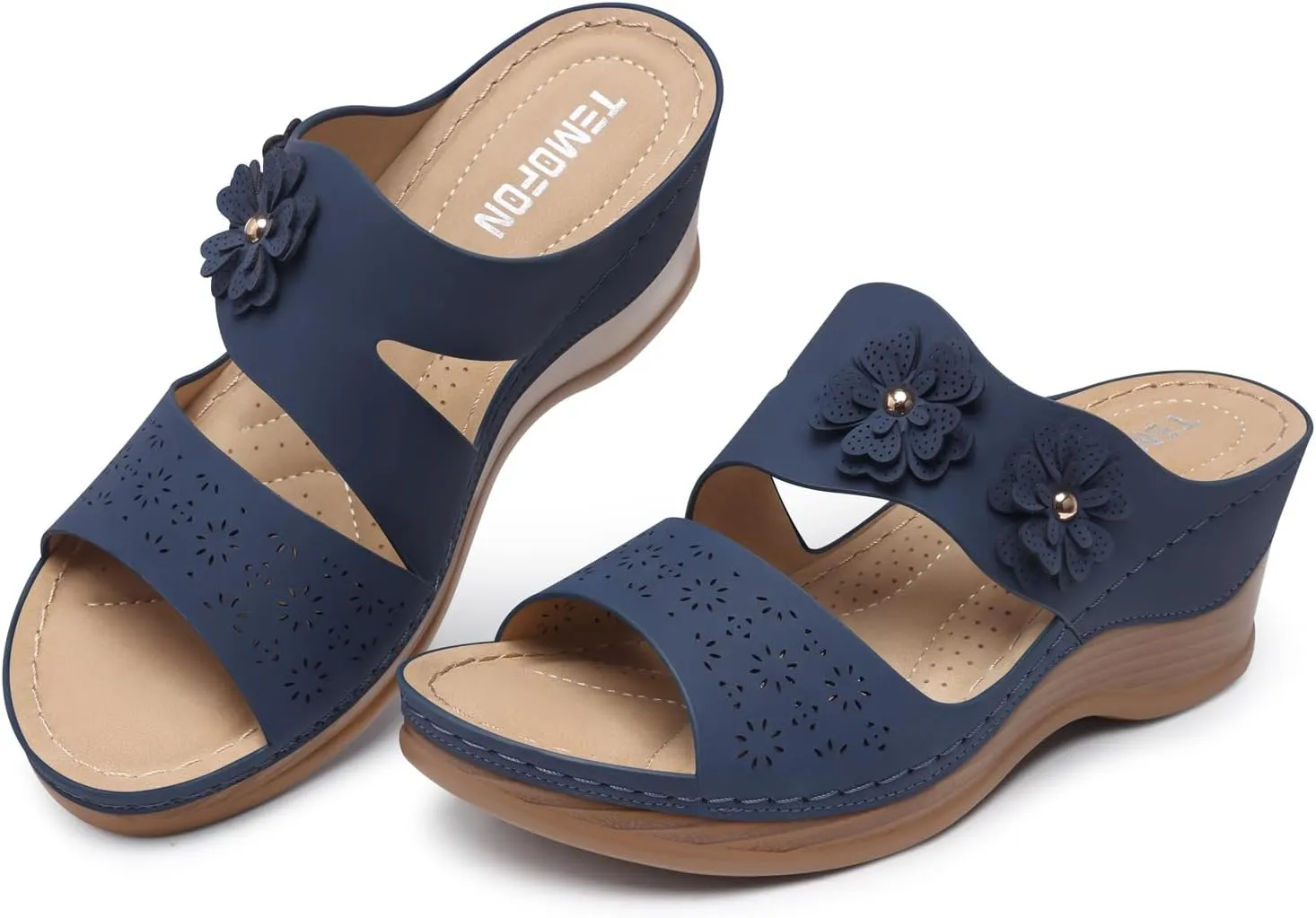 TEMOFON Wedge Sandals for Women Summer: Dressy Low Heel Sandals Black/Navy/White, Comfortable Walking, Arch support, Casual Slip on Summer Shoes, Size 5-11