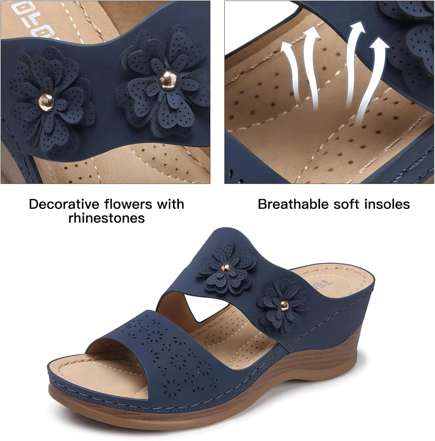 TEMOFON Wedge Sandals for Women Summer: Dressy Low Heel Sandals Black/Navy/White, Comfortable Walking, Arch support, Casual Slip on Summer Shoes, Size 5-11