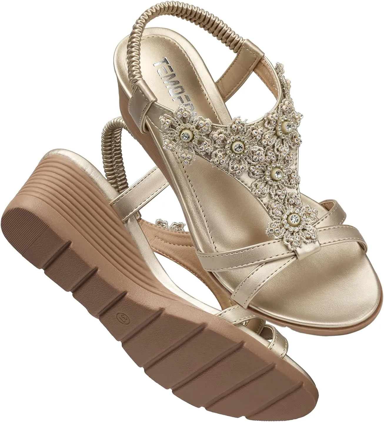 TEMOFON Women's Low Wedge Heels Summer Dressy Platform Sandals Elastic Ankle Strap Open Toe Flower Shoes