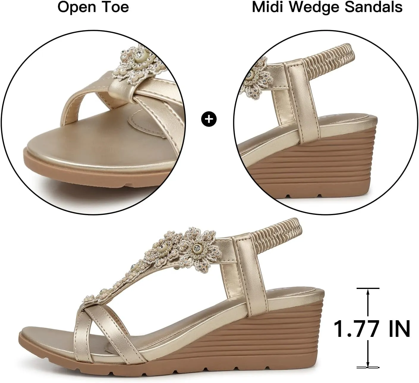 TEMOFON Women's Low Wedge Heels Summer Dressy Platform Sandals Elastic Ankle Strap Open Toe Flower Shoes