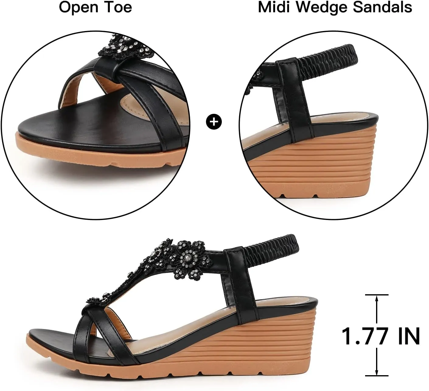 TEMOFON Women's Low Wedge Heels Summer Dressy Platform Sandals Elastic Ankle Strap Open Toe Flower Shoes
