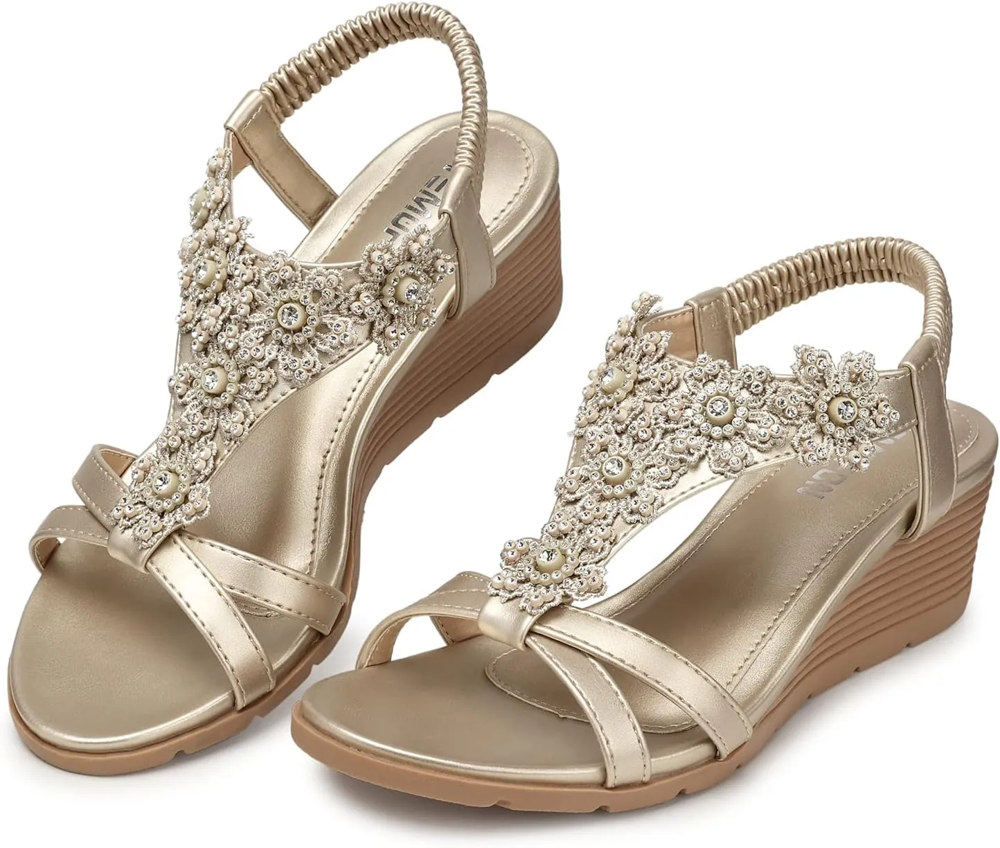TEMOFON Women's Low Wedge Heels Summer Dressy Platform Sandals Elastic Ankle Strap Open Toe Flower Shoes