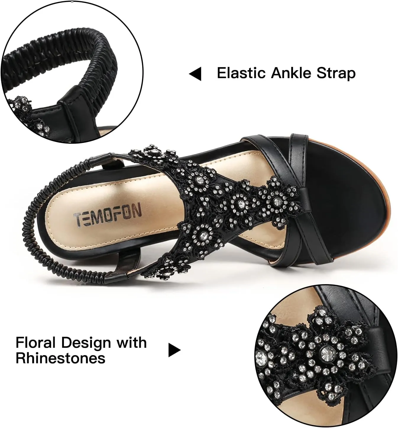 TEMOFON Women's Low Wedge Heels Summer Dressy Platform Sandals Elastic Ankle Strap Open Toe Flower Shoes