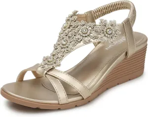 TEMOFON Women's Low Wedge Heels Summer Dressy Platform Sandals Elastic Ankle Strap Open Toe Flower Shoes