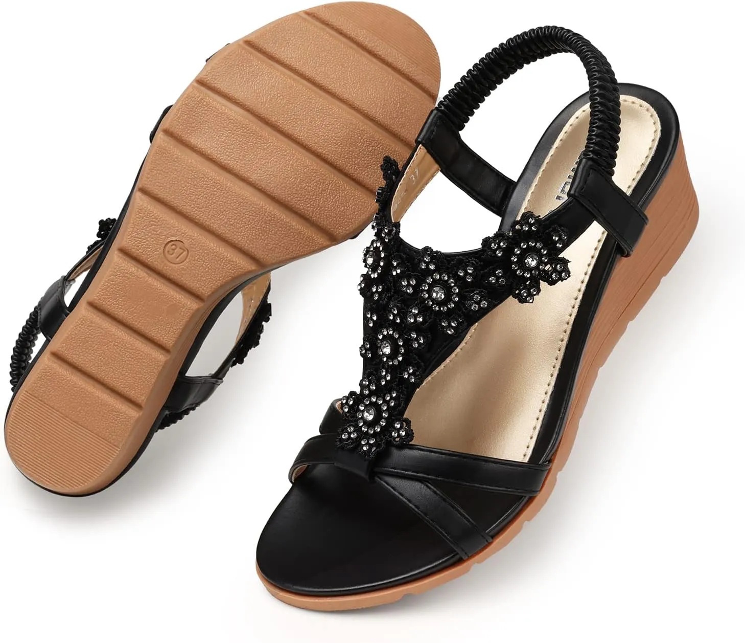 TEMOFON Women's Low Wedge Heels Summer Dressy Platform Sandals Elastic Ankle Strap Open Toe Flower Shoes