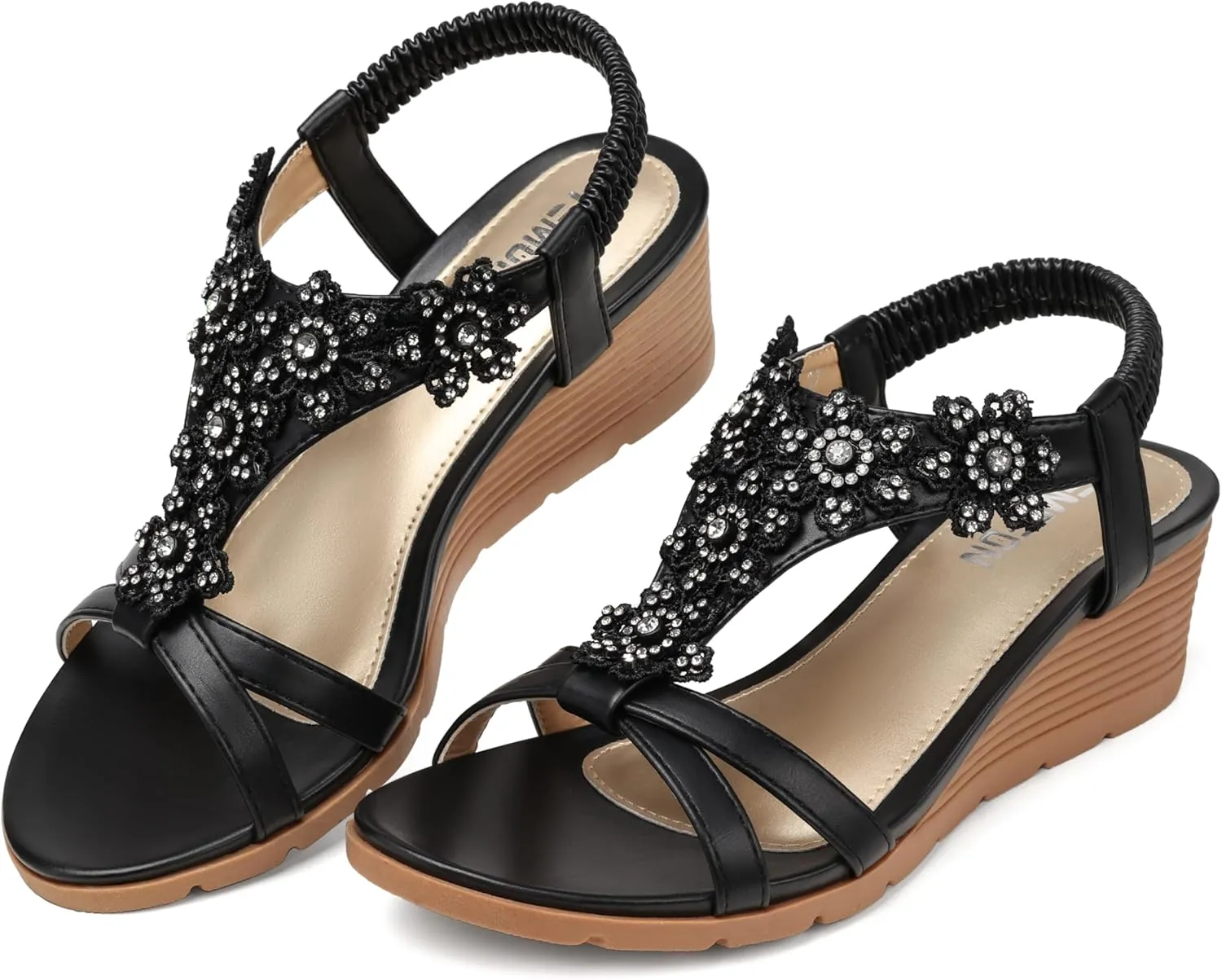 TEMOFON Women's Low Wedge Heels Summer Dressy Platform Sandals Elastic Ankle Strap Open Toe Flower Shoes