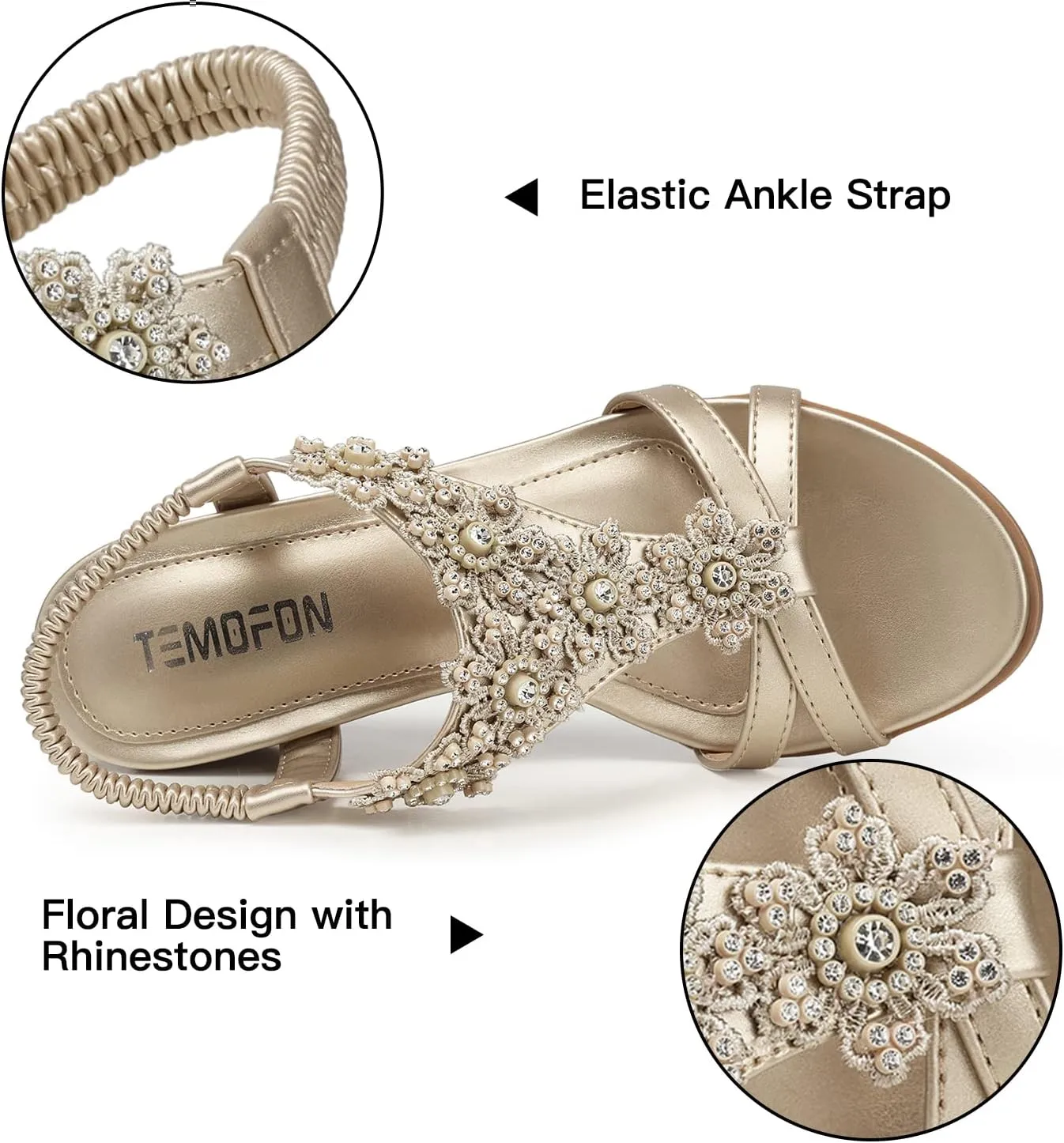 TEMOFON Women's Low Wedge Heels Summer Dressy Platform Sandals Elastic Ankle Strap Open Toe Flower Shoes