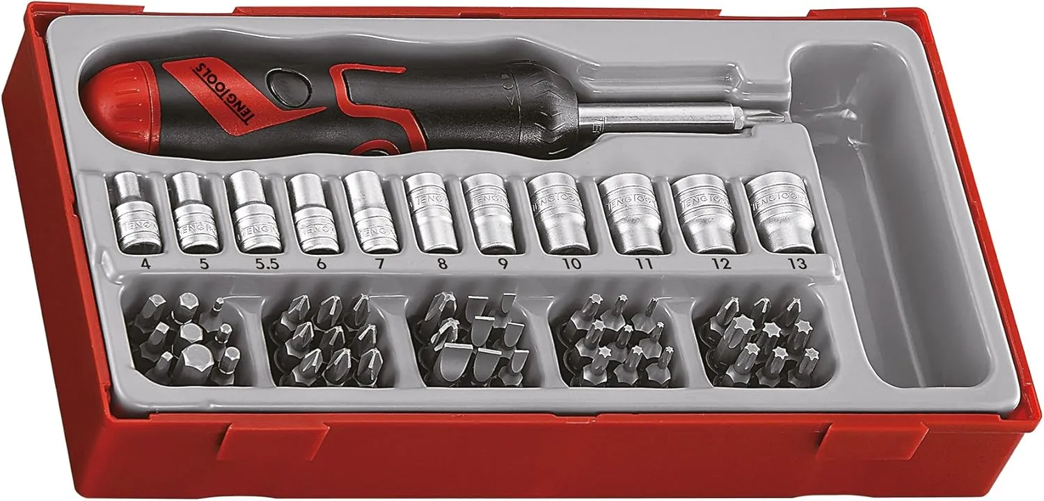 Teng Tools 64 Piece 1/4 Inch Drive Angled Ratcheting Bits, Sockets and Driver Set - TTMDRT64