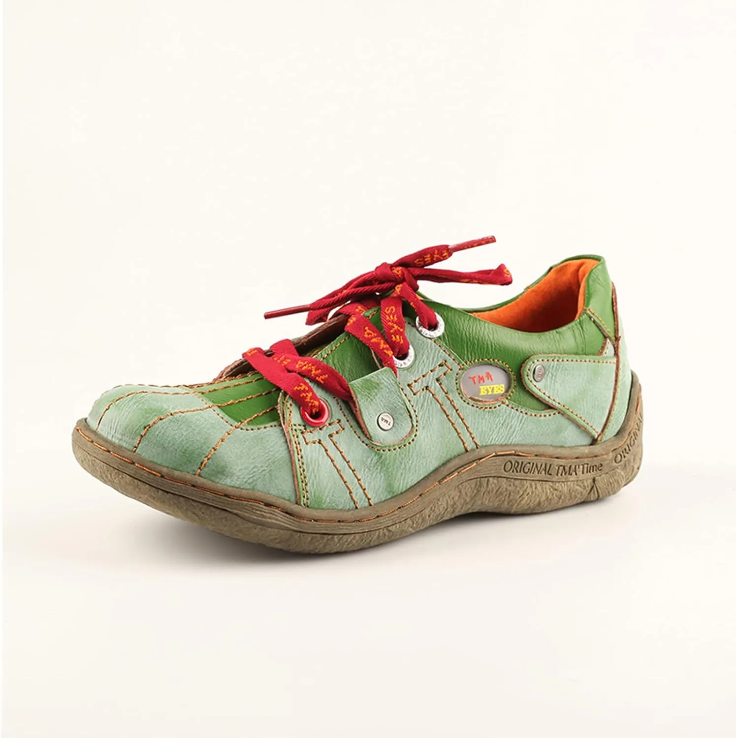 TMA EYES Ladies' Hand-Sewn Thread Genuine Leather Flat Wide-Toe Sports Casual Shoes
