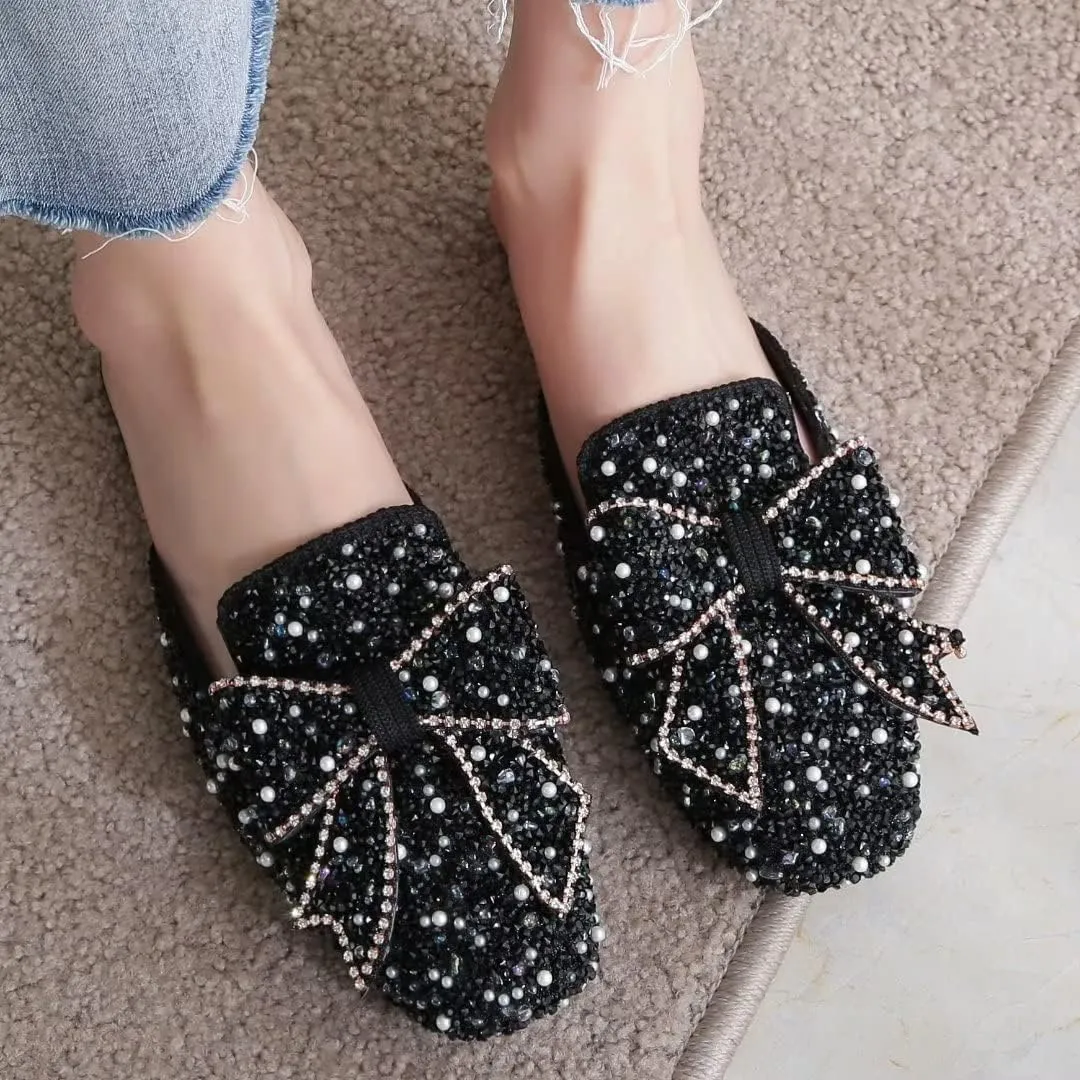 TN TANGNEST Women's Flat Mules Comfortable Rhinestone Bow Square Toe Slip on Loafers Slides Backless Mules Shoes