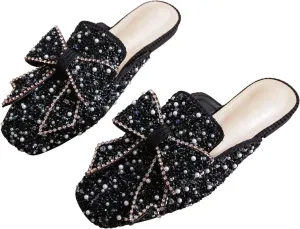 TN TANGNEST Women's Flat Mules Comfortable Rhinestone Bow Square Toe Slip on Loafers Slides Backless Mules Shoes