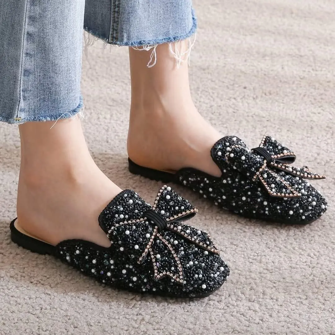 TN TANGNEST Women's Flat Mules Comfortable Rhinestone Bow Square Toe Slip on Loafers Slides Backless Mules Shoes