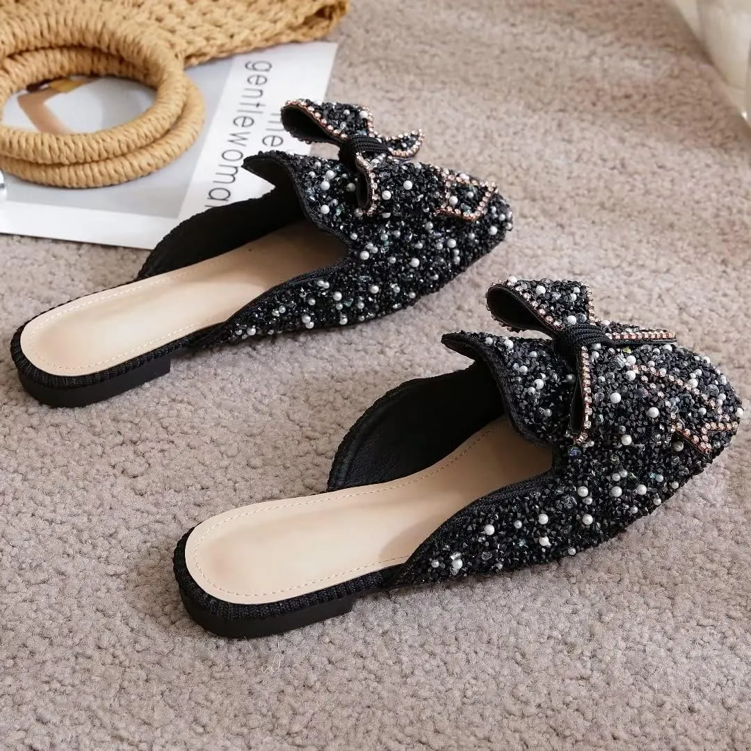 TN TANGNEST Women's Flat Mules Comfortable Rhinestone Bow Square Toe Slip on Loafers Slides Backless Mules Shoes
