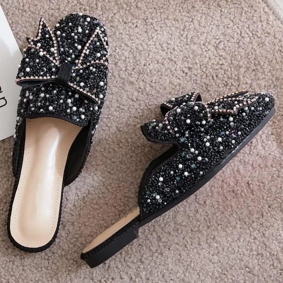 TN TANGNEST Women's Flat Mules Comfortable Rhinestone Bow Square Toe Slip on Loafers Slides Backless Mules Shoes