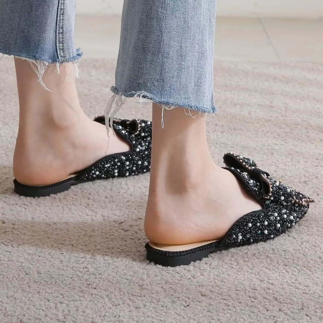 TN TANGNEST Women's Flat Mules Comfortable Rhinestone Bow Square Toe Slip on Loafers Slides Backless Mules Shoes