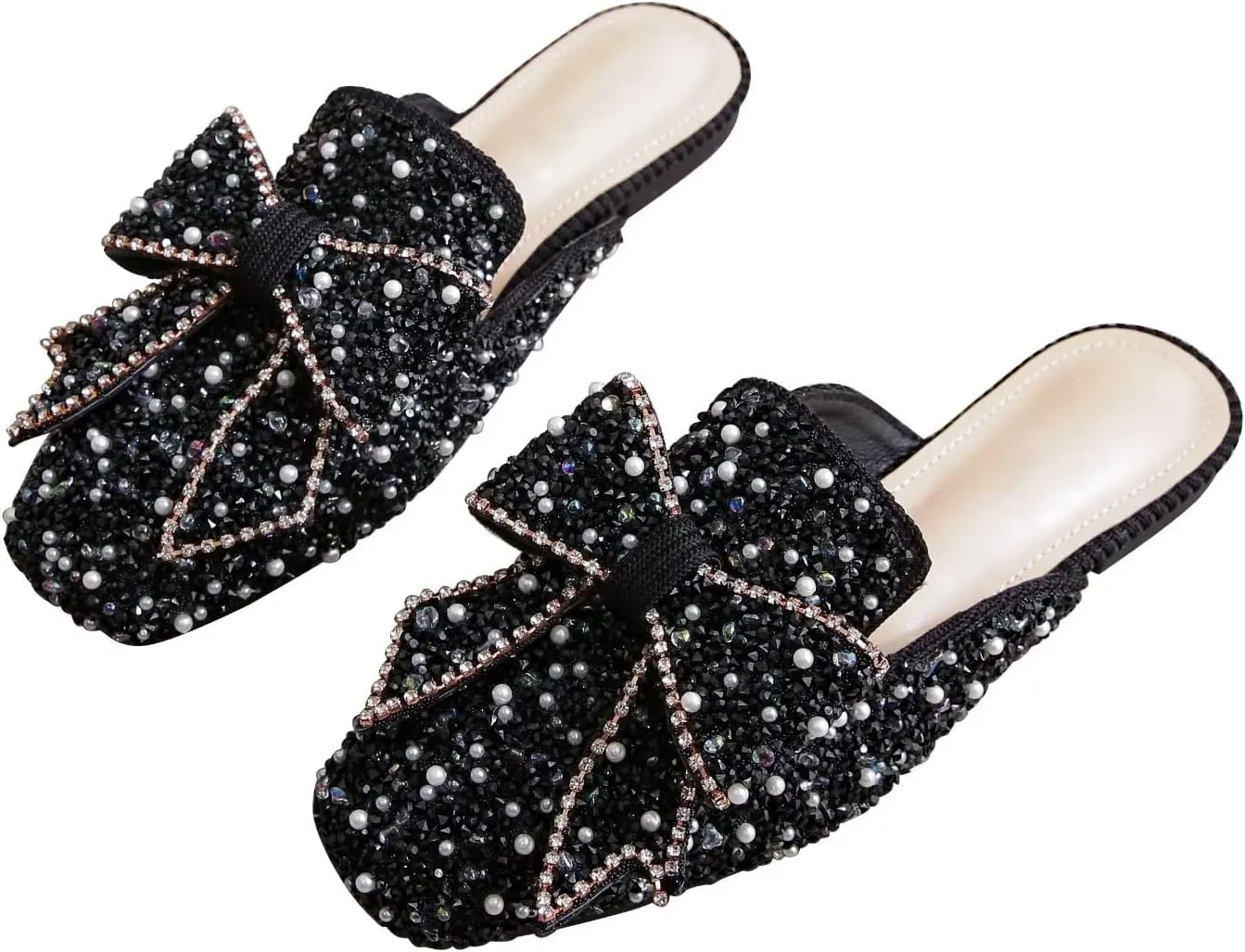 TN TANGNEST Women's Flat Mules Comfortable Rhinestone Bow Square Toe Slip on Loafers Slides Backless Mules Shoes