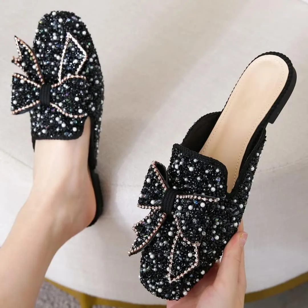TN TANGNEST Women's Flat Mules Comfortable Rhinestone Bow Square Toe Slip on Loafers Slides Backless Mules Shoes