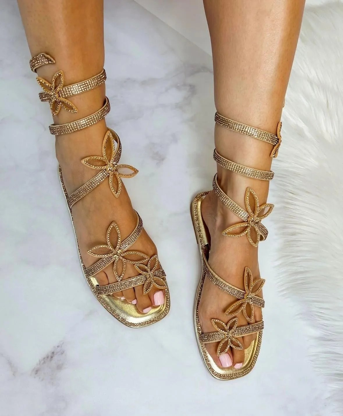 TOP Moda Women Butterfly Rhinestone Wrap-around Flat Sandals