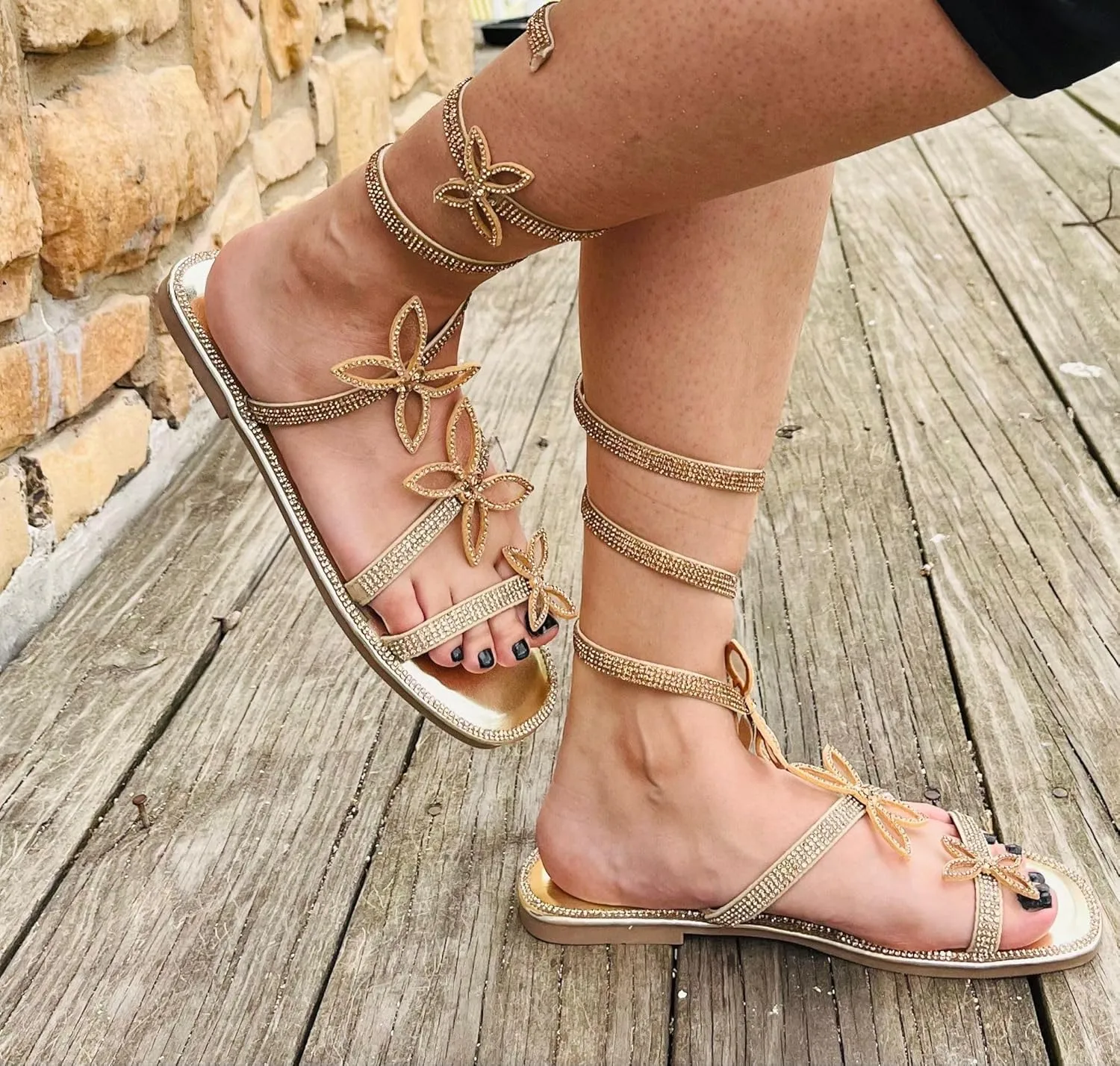 TOP Moda Women Butterfly Rhinestone Wrap-around Flat Sandals