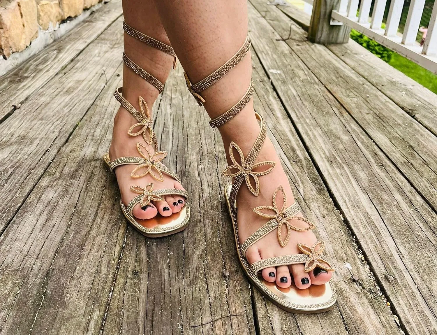 TOP Moda Women Butterfly Rhinestone Wrap-around Flat Sandals