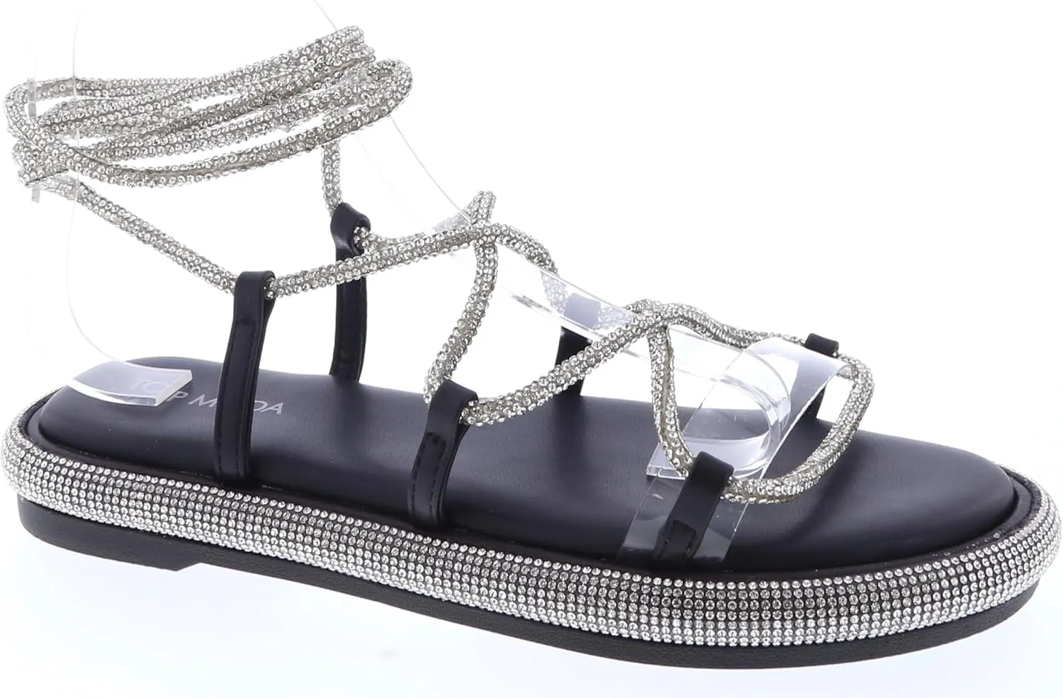 TOP Moda Womens Rhinestone Flat Sandals Lace up Ankle Wrap Slide Sandals