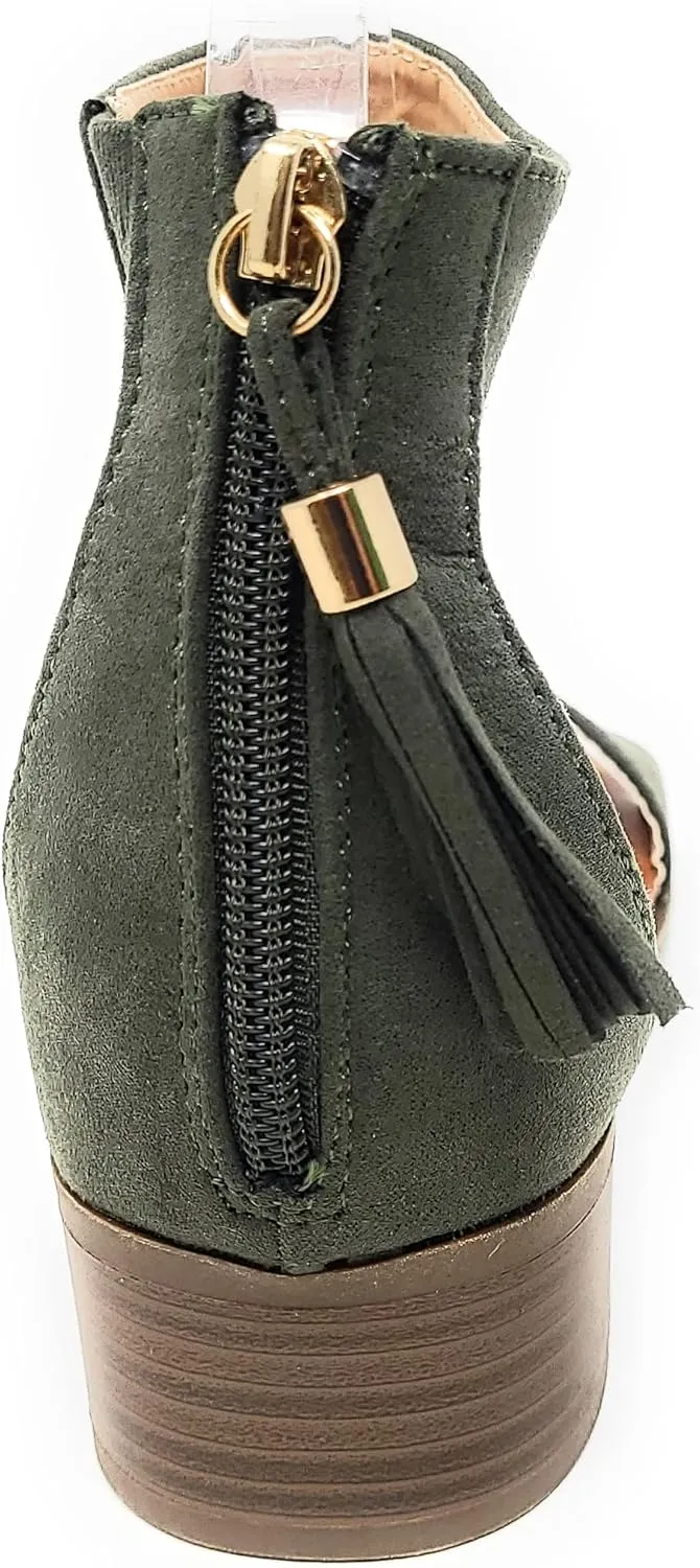 TOP Moda Women's Tassel Fringe Zip Back Block Heel Sandal