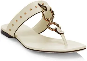 Tory Burch Women's Ivory Vintage Plaque Leather Thong Sandals Flats shoes