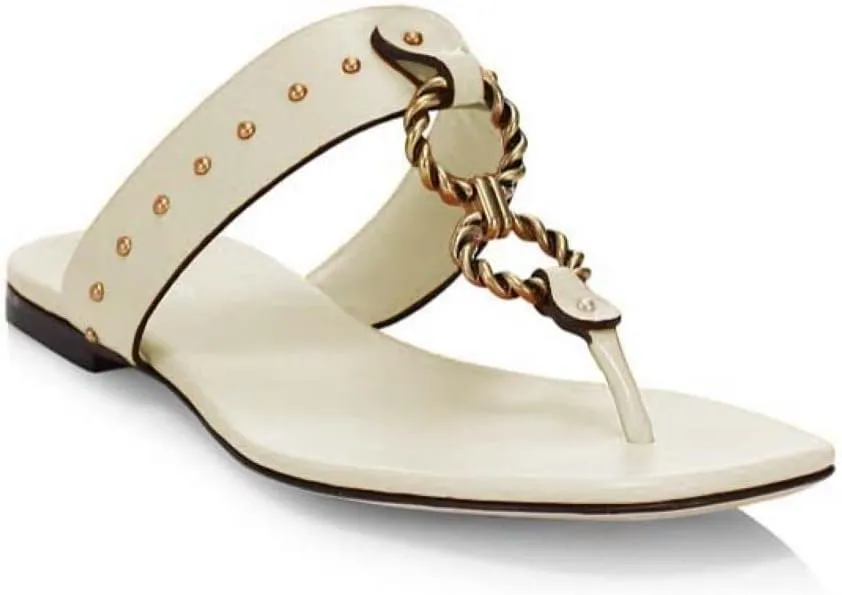 Tory Burch Women's Ivory Vintage Plaque Leather Thong Sandals Flats shoes