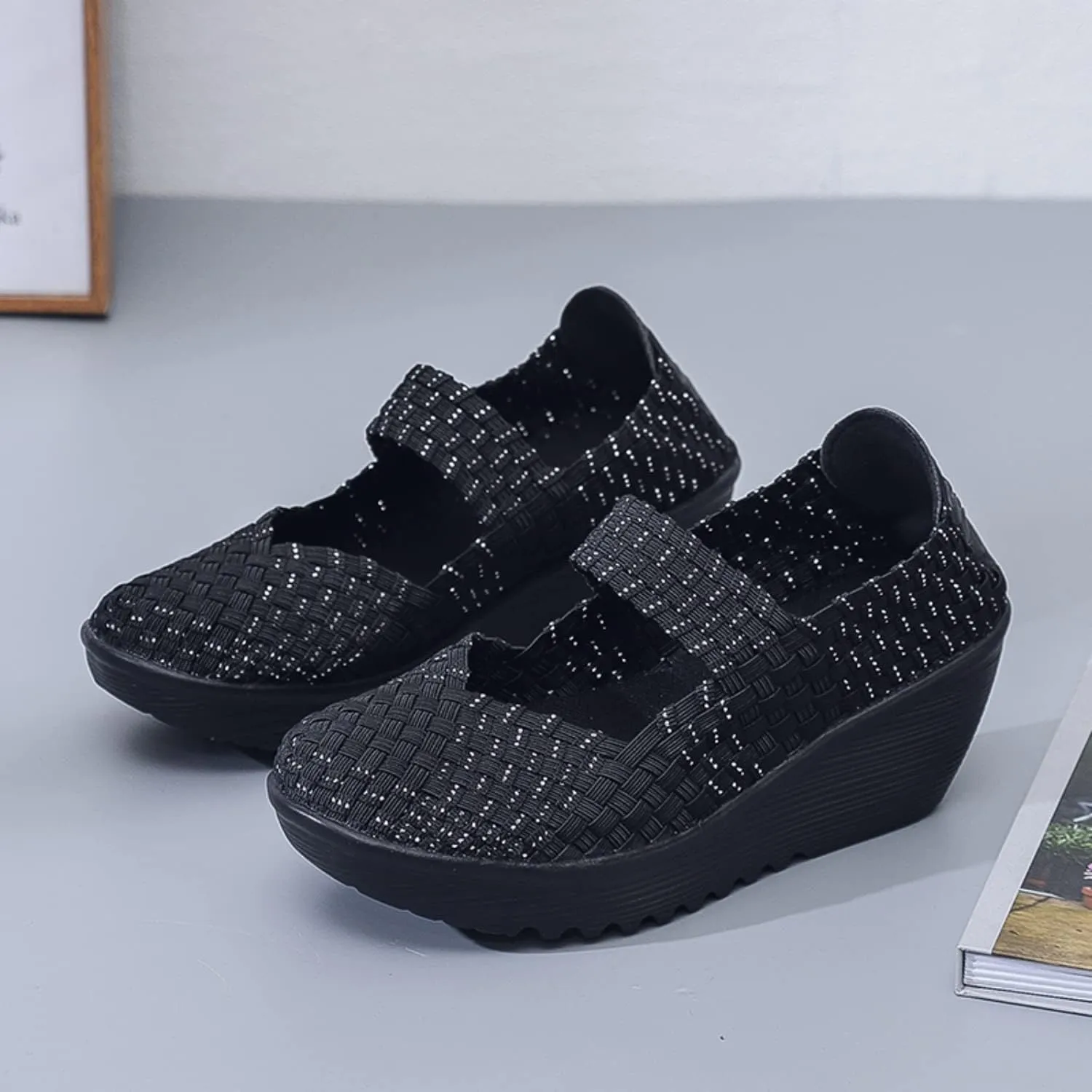 Touchmosees Women's Platform Wedge Sandals Woven Pumps Mary Jane Shoes Comfortable Walking Shoes