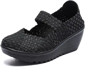 Touchmosees Women's Platform Wedge Sandals Woven Pumps Mary Jane Shoes Comfortable Walking Shoes
