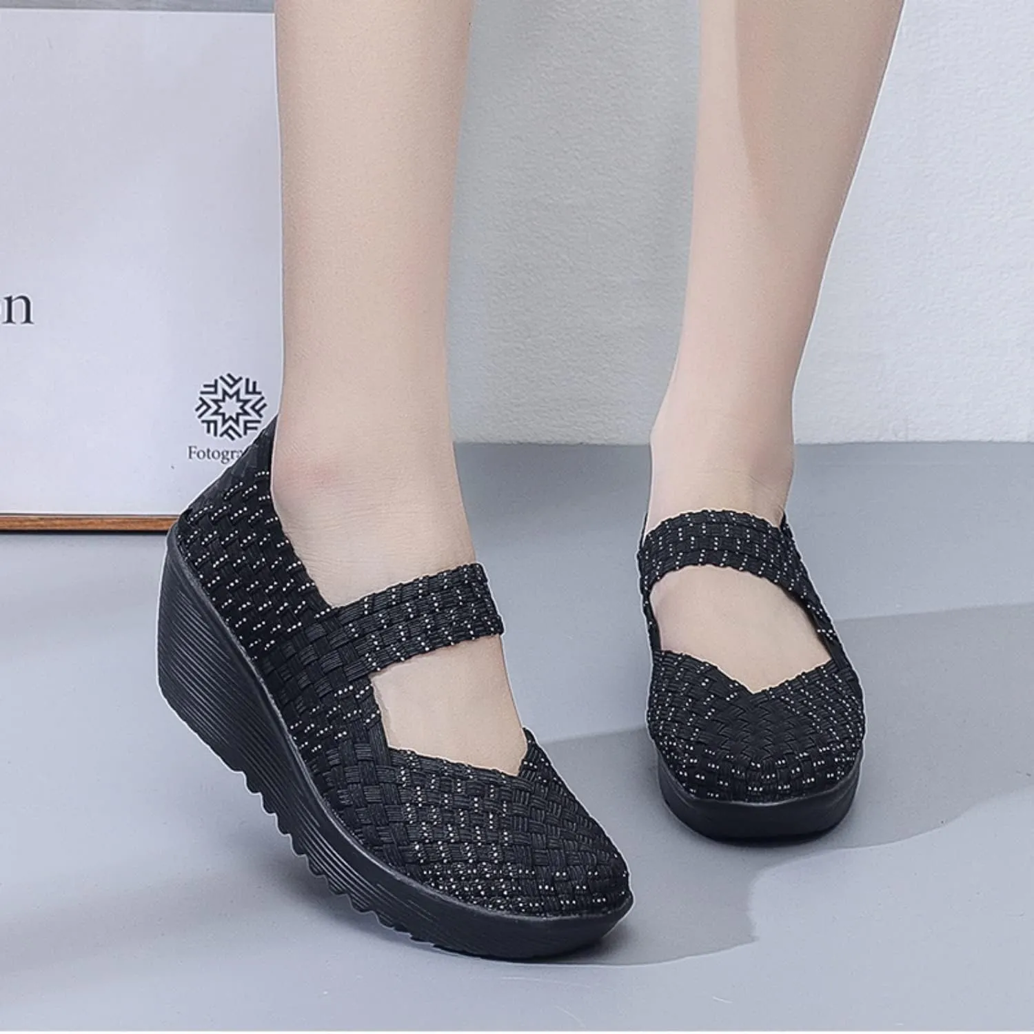 Touchmosees Women's Platform Wedge Sandals Woven Pumps Mary Jane Shoes Comfortable Walking Shoes