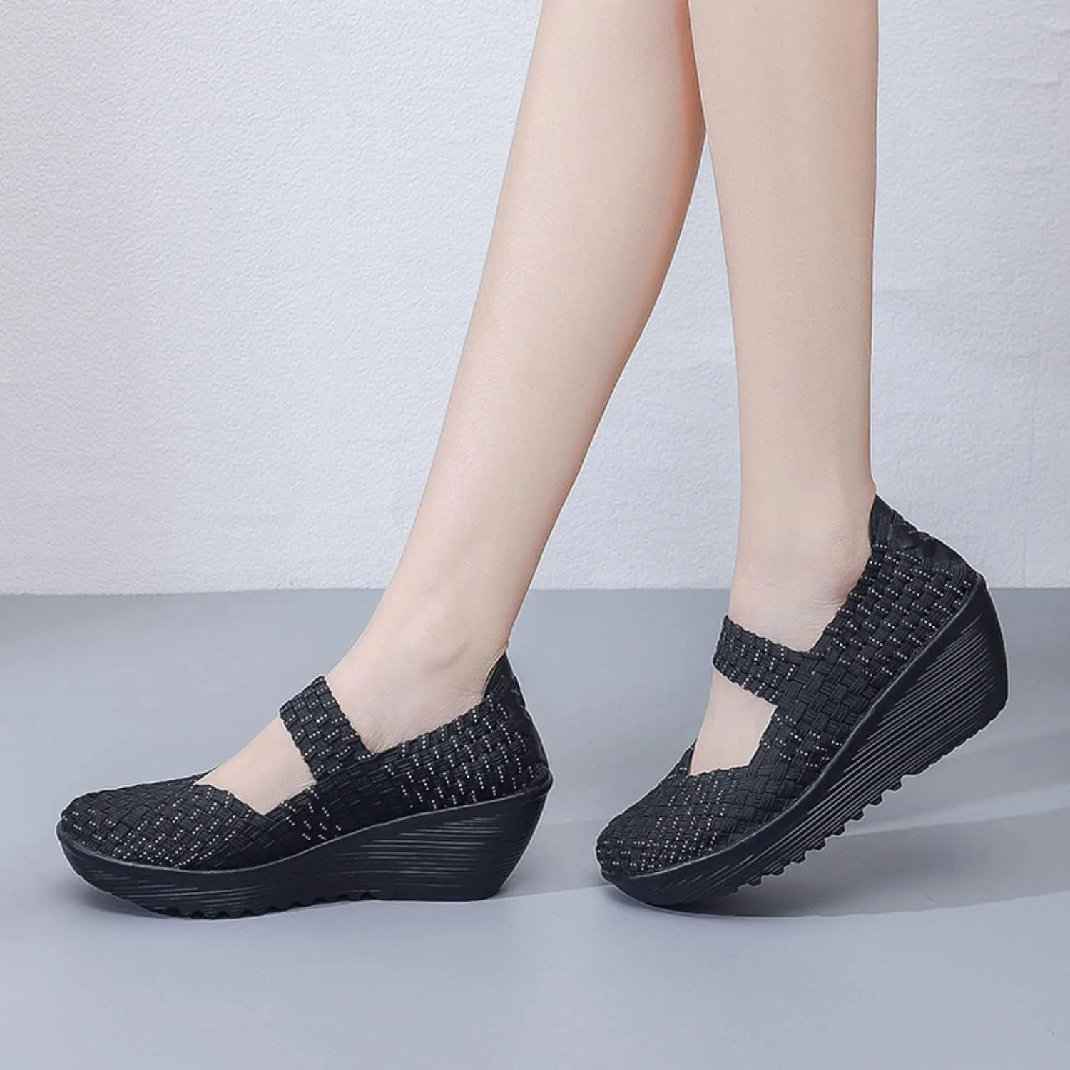 Touchmosees Women's Platform Wedge Sandals Woven Pumps Mary Jane Shoes Comfortable Walking Shoes