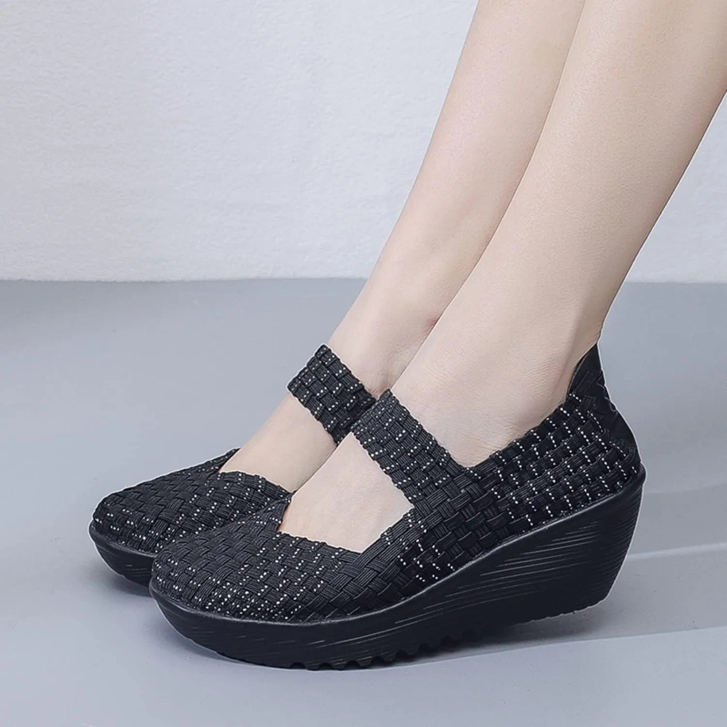Touchmosees Women's Platform Wedge Sandals Woven Pumps Mary Jane Shoes Comfortable Walking Shoes