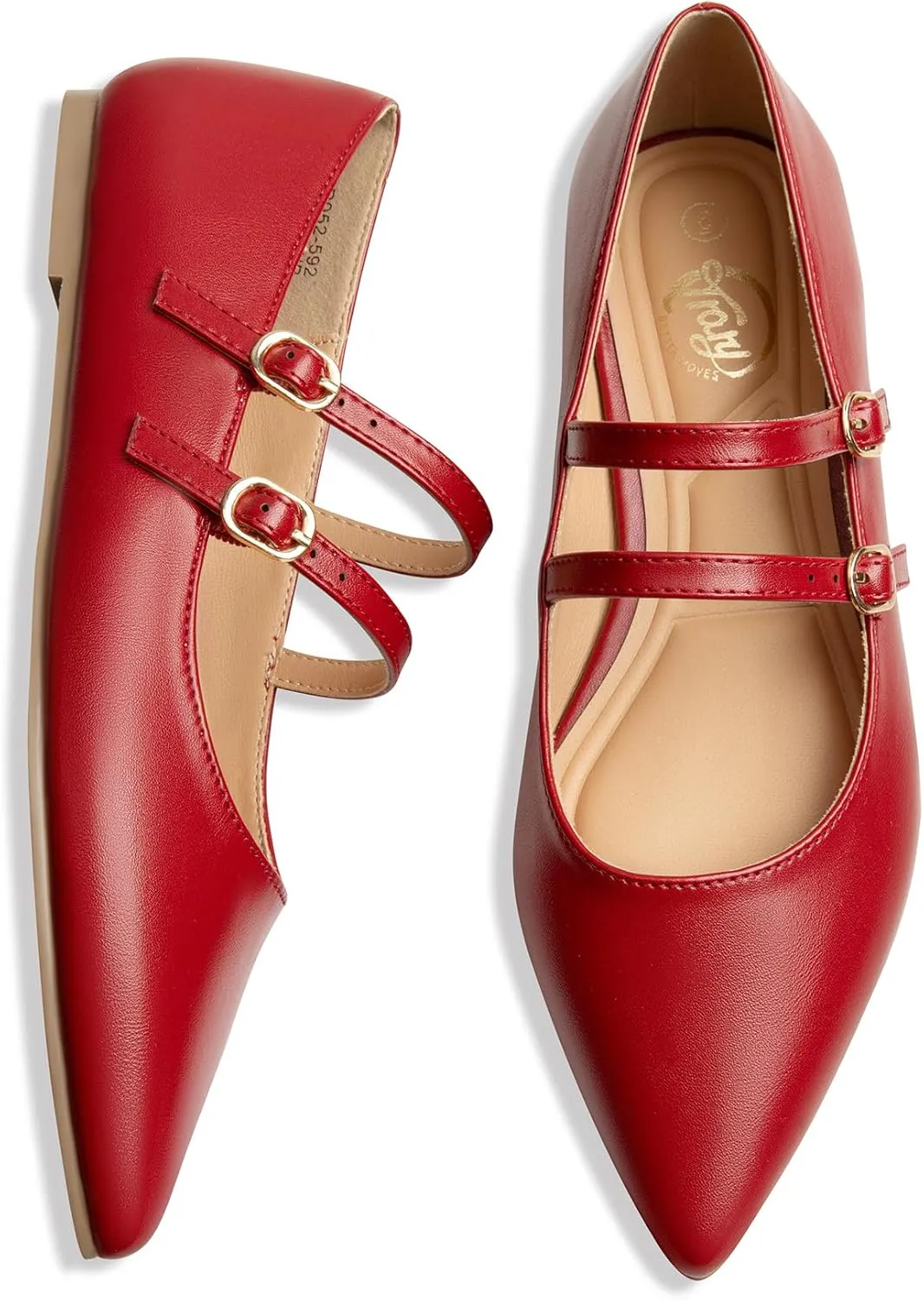 Trary Flats for Women Closed Pointed Toe Mary Jane Shoes Women Comfortable Slip on Ballet Flats Dressy Shoes Adjustable Strap PU Leather Mary Janes Loafers