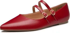 Trary Flats for Women Closed Pointed Toe Mary Jane Shoes Women Comfortable Slip on Ballet Flats Dressy Shoes Adjustable Strap PU Leather Mary Janes Loafers