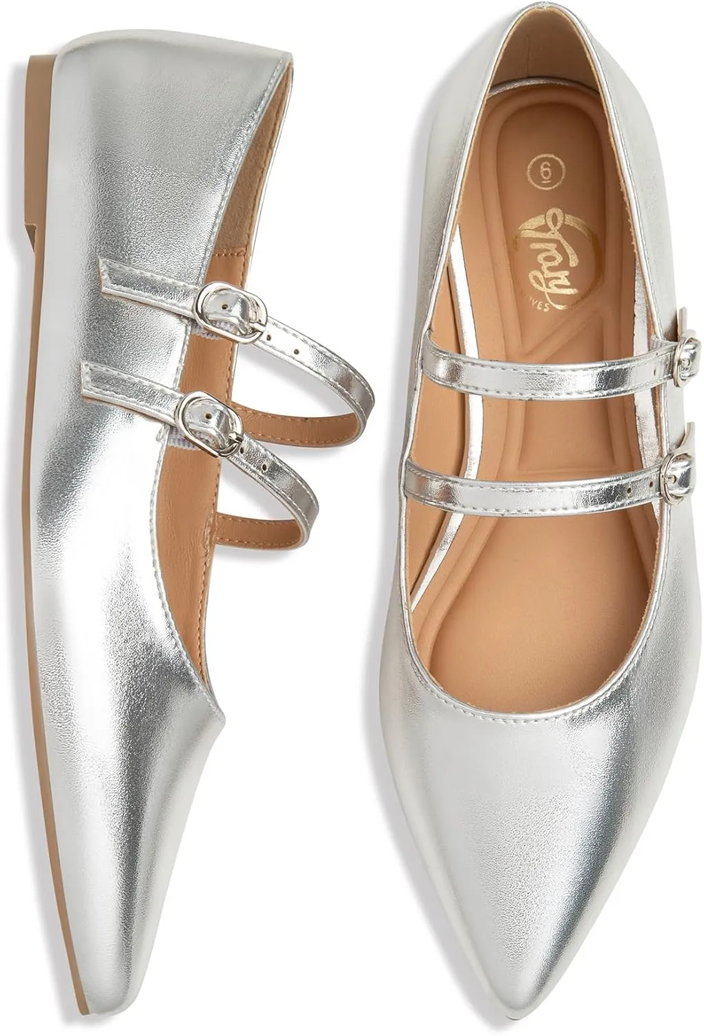 Trary Flats for Women Closed Pointed Toe Mary Jane Shoes Women Comfortable Slip on Ballet Flats Dressy Shoes Adjustable Strap PU Leather Mary Janes Loafers