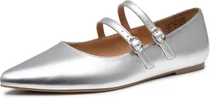 Trary Flats for Women Closed Pointed Toe Mary Jane Shoes Women Comfortable Slip on Ballet Flats Dressy Shoes Adjustable Strap PU Leather Mary Janes Loafers