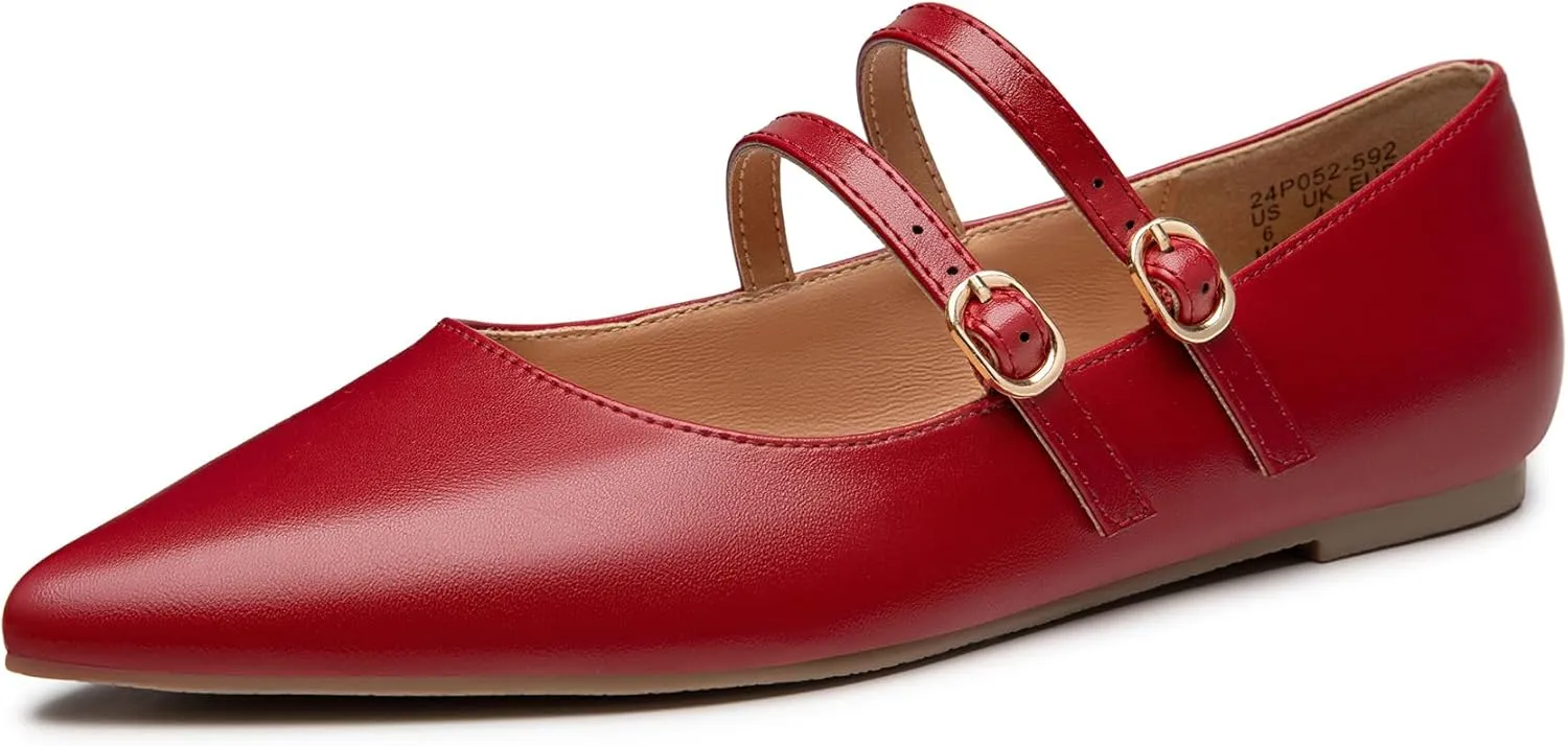 Trary Flats for Women Closed Pointed Toe Mary Jane Shoes Women Comfortable Slip on Ballet Flats Dressy Shoes Adjustable Strap PU Leather Mary Janes Loafers