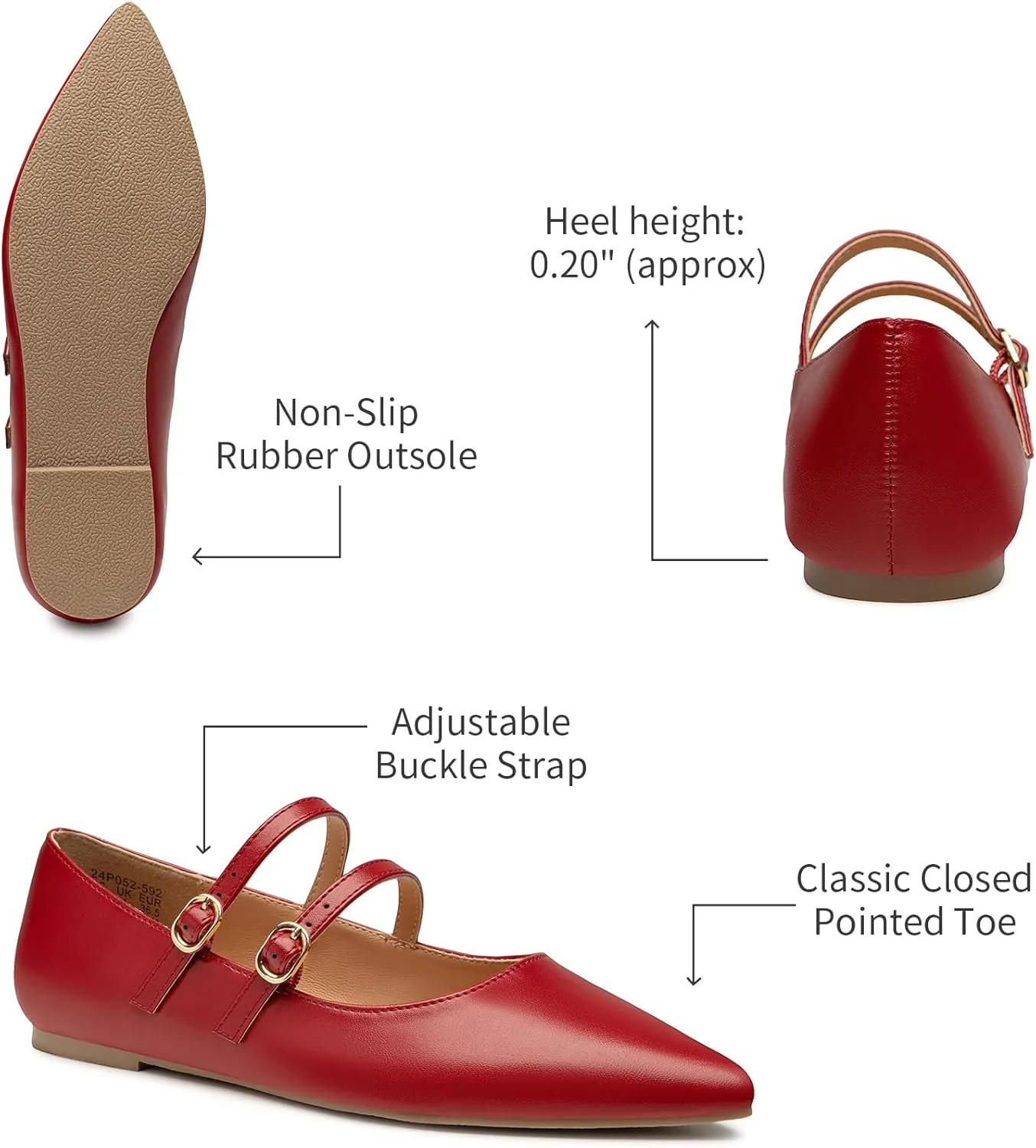 Trary Flats for Women Closed Pointed Toe Mary Jane Shoes Women Comfortable Slip on Ballet Flats Dressy Shoes Adjustable Strap PU Leather Mary Janes Loafers