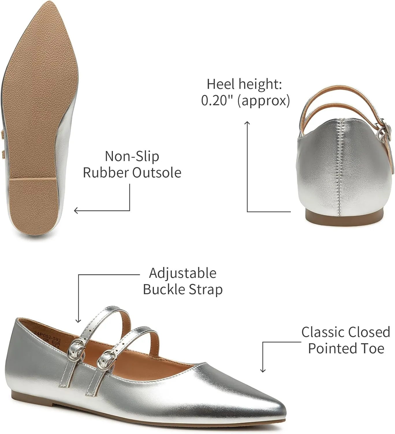 Trary Flats for Women Closed Pointed Toe Mary Jane Shoes Women Comfortable Slip on Ballet Flats Dressy Shoes Adjustable Strap PU Leather Mary Janes Loafers