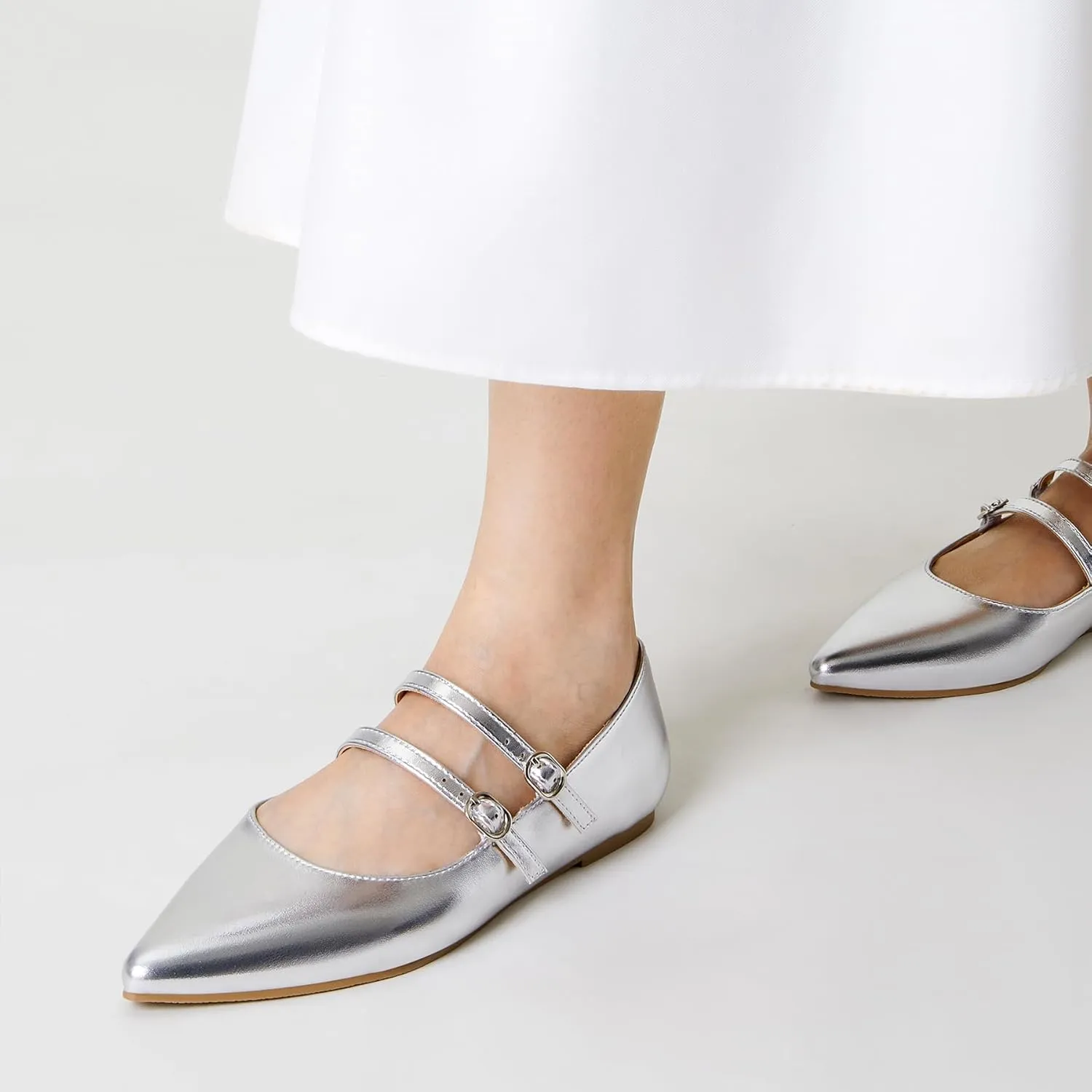 Trary Flats for Women Closed Pointed Toe Mary Jane Shoes Women Comfortable Slip on Ballet Flats Dressy Shoes Adjustable Strap PU Leather Mary Janes Loafers