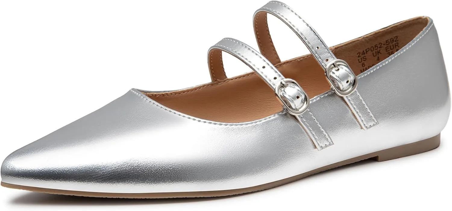 Trary Flats for Women Closed Pointed Toe Mary Jane Shoes Women Comfortable Slip on Ballet Flats Dressy Shoes Adjustable Strap PU Leather Mary Janes Loafers