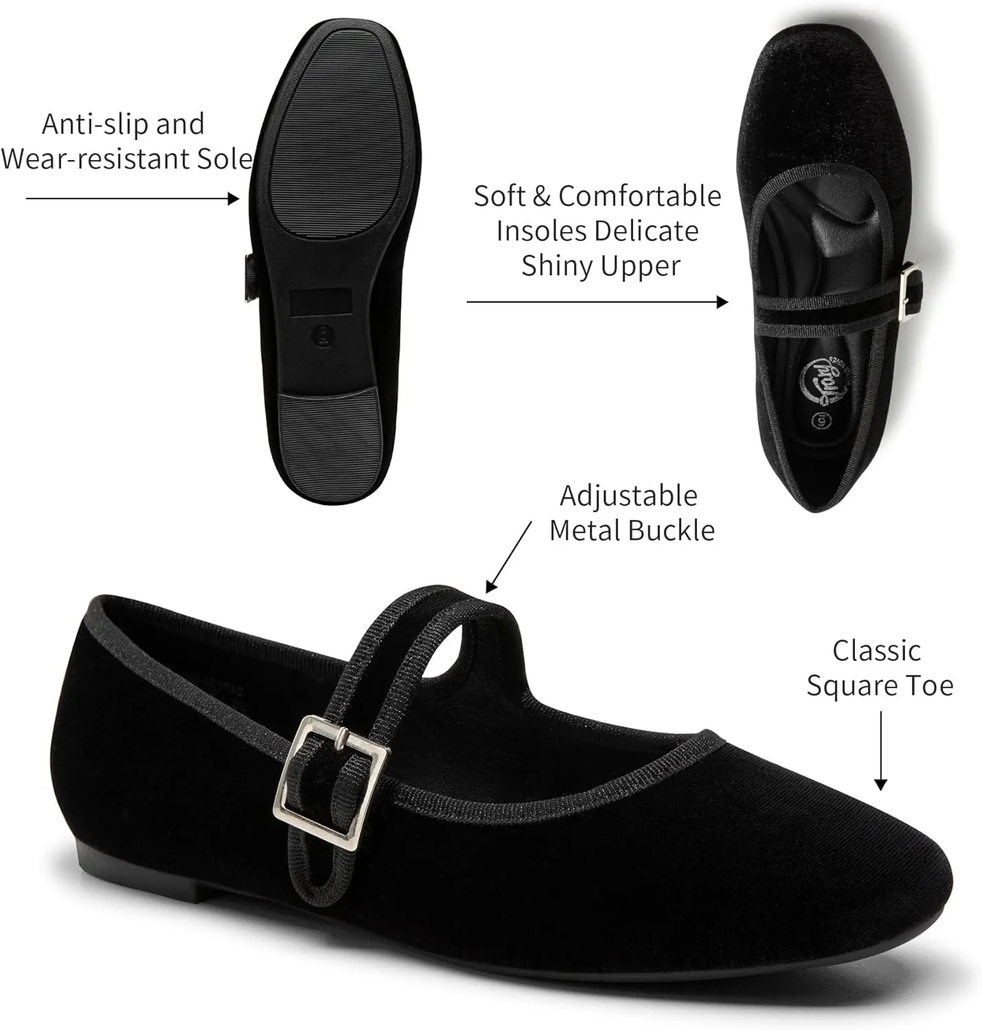 Trary Women's Ballet Flats,Square Toe Velvet Mary Jane Shoes Women,Comfortable Dress Shoes for Women Dressy