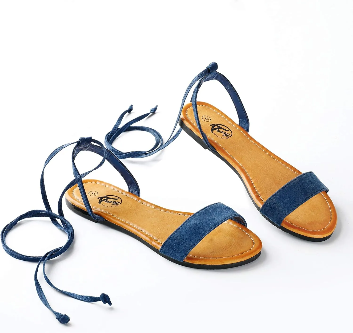 Trary Women's Lace Up Open Toe Strappy Sandals, Ankle Wrap Flat Dressy Tie Up Summer Footwear