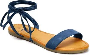 Trary Women's Lace Up Open Toe Strappy Sandals, Ankle Wrap Flat Dressy Tie Up Summer Footwear